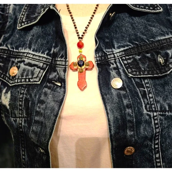 Handmade gemstone cross with Czech glass necklace Boho - Picture 7 of 7